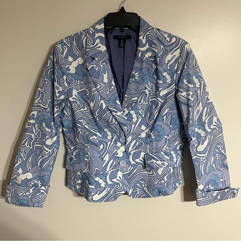 Womens Kenneth Cole Blue Floral Blazer Jacket Coat Size 12 Button Pockets